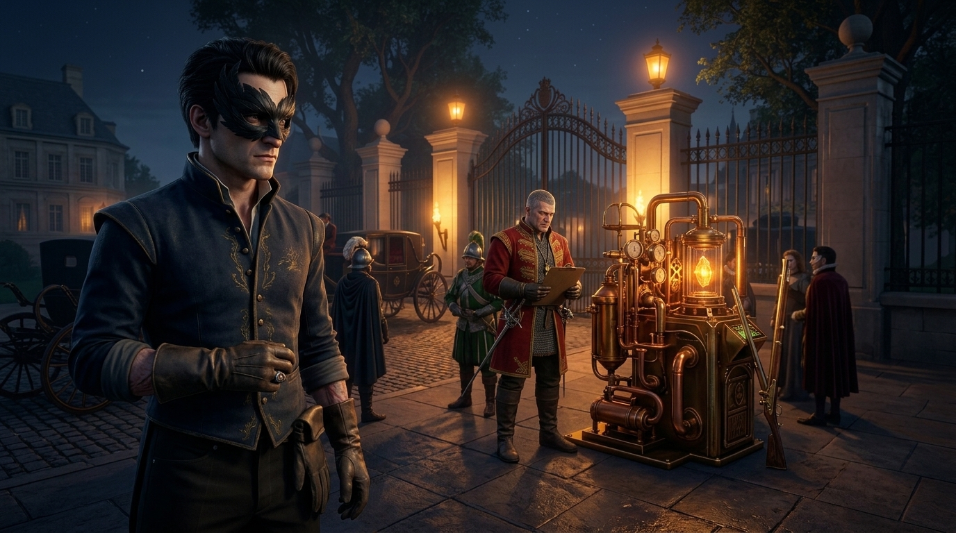 The Duke's estate looms beyond a candlelit drive, glowing with Embercite light.