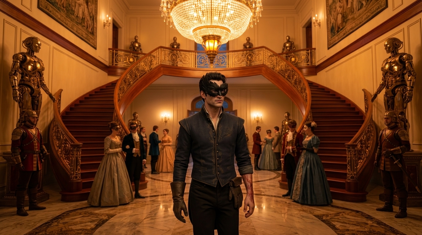 The grand foyer thick with masked nobles, brass clockwork statues ticking along the staircase.